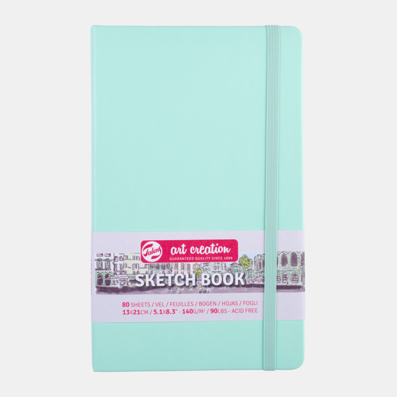 TALENSARTCREATION Drawing book with hard cover and elastic.  Off-white paper.  Suitable for sketching, drawing, charcoal, pastels, graphite, chalk, ink and watercolor.  Weight : 140g  Size: 15 x 21 cm  Number of sheets: 80