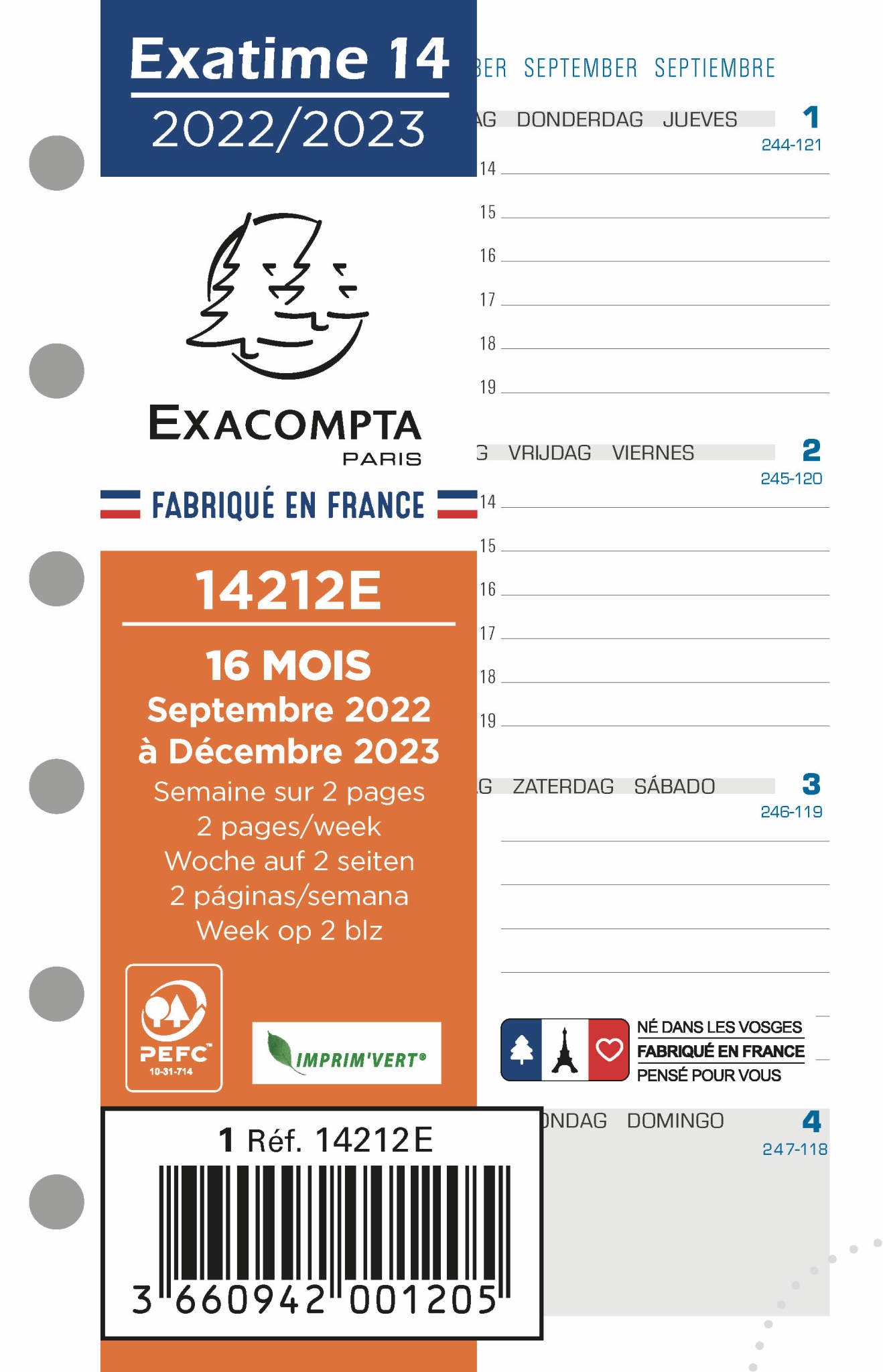 Exacompta - Recharge Exatime 17 Pocket - Semainier Janvier à Décembre 2024