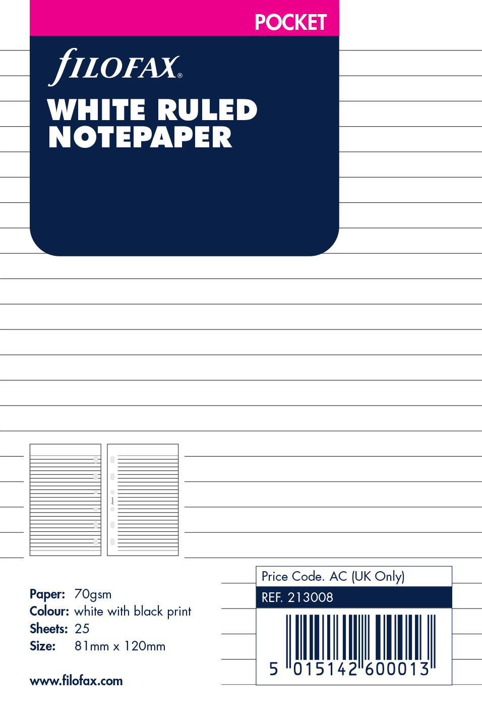 FILOFAX Feuilles de notes Lignée Blanc Pocket