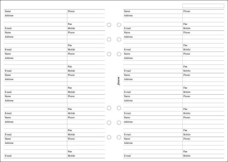 FILOFAX A5 recharge Nom/Adresse/Tel/Fax