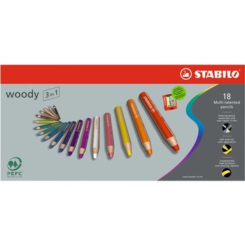 STABILO Etui carton x 18 crayons multi-talents Woody 3in1 décor premium + 1 taille-crayon