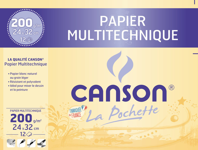 CANSON Pochette Papier multitechnique 24X32Cm 12Fl 200G/m²