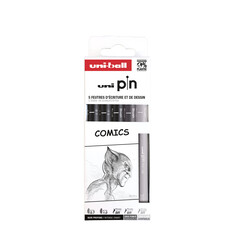 UNI BALL Pochette de 5 feutres techniques thème COMICS - Noir - Gris foncé - Gris clair
