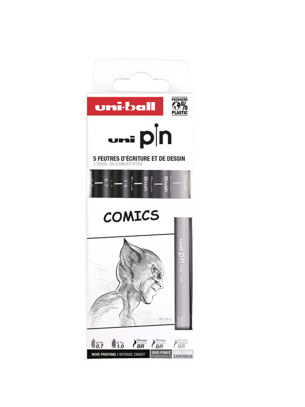 UNI-BALL Pack of 5 technical felts Uni Pin calibrated tip - 07 Black-10 Black -BR Black, Light grey, Dark grey