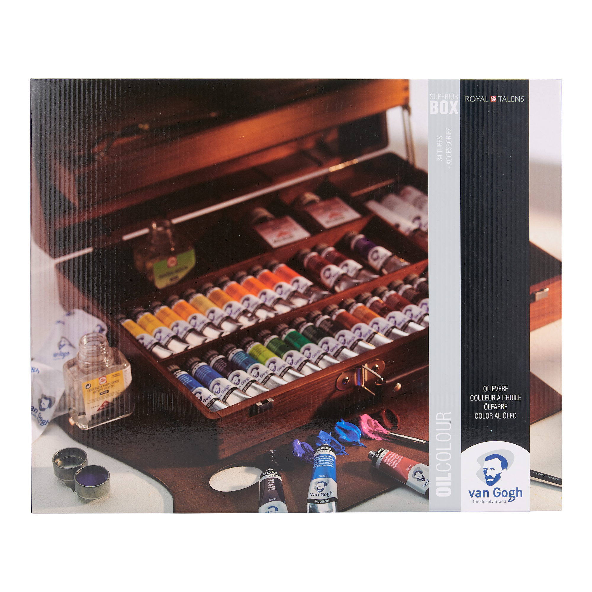 VAN GOGH Set supérieur couleurs à l'huile dans une boîte en bois, avec 32 couleurs en tubes de 20 ml, 2 couleurs en tubes de 60 ml + accessoires.