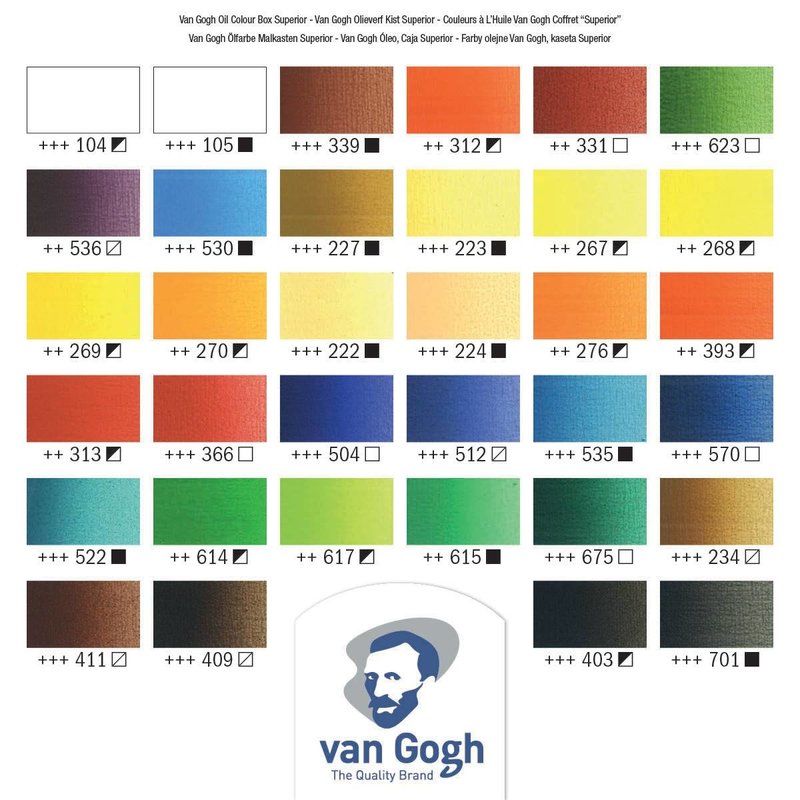 VAN GOGH Set supérieur couleurs à l'huile dans une boîte en bois, avec 32 couleurs en tubes de 20 ml, 2 couleurs en tubes de 60 ml + accessoires.