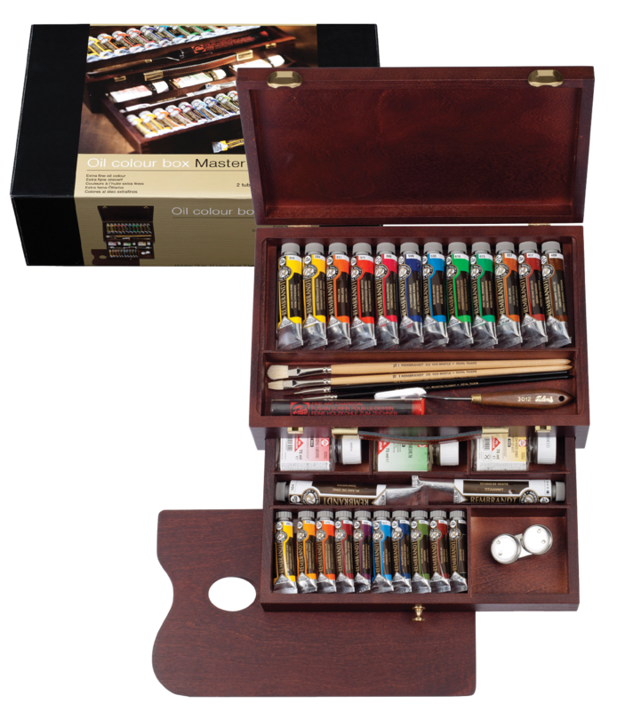 REMBRANDT Couleurs à l’huile set coffret bois Master 10 x 15 ml + 12 x 40 ml + 2 x 60 ml + accessoires