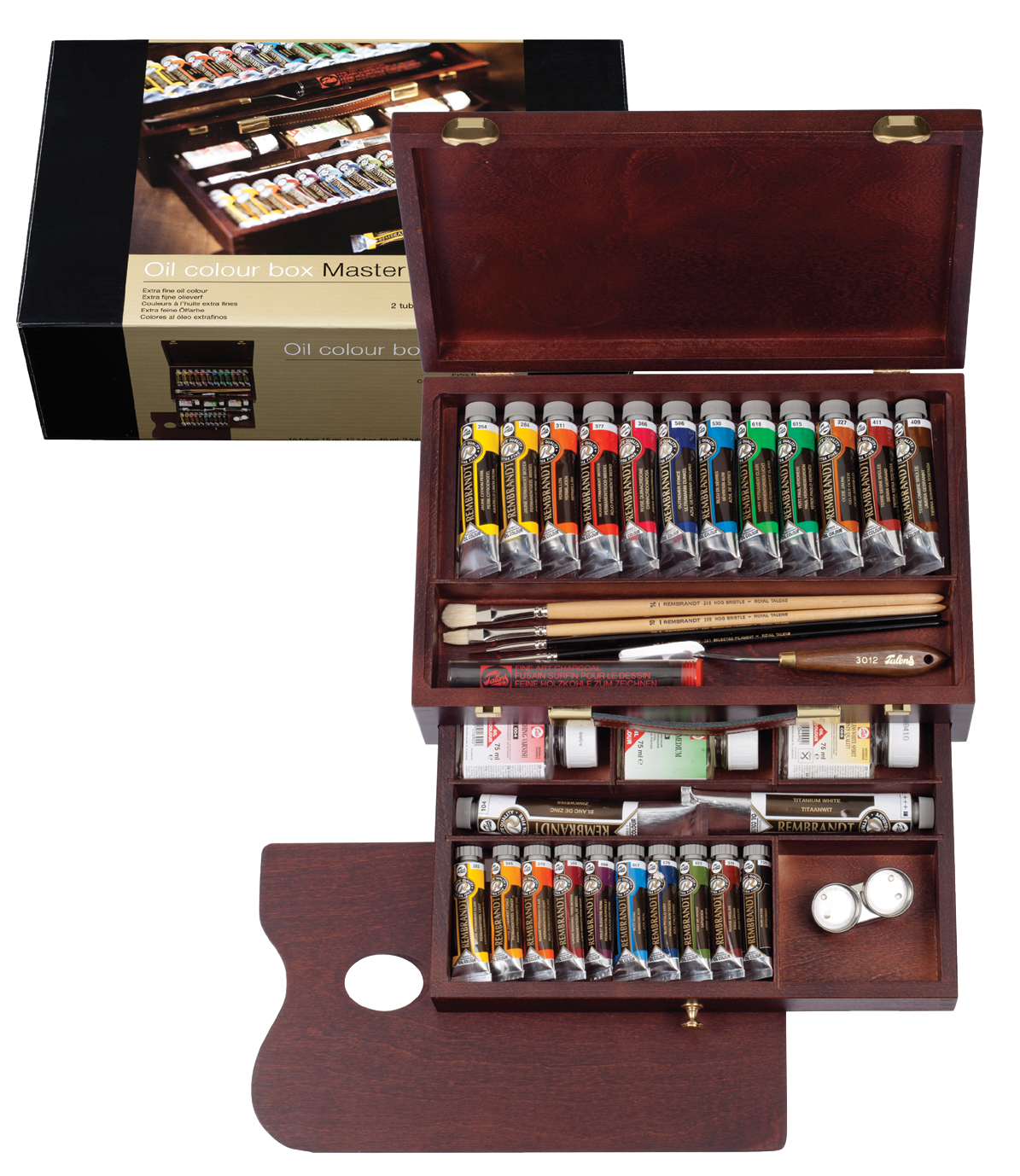 REMBRANDT Couleurs à l’huile set coffret bois Master 10 x 15 ml + 12 x 40 ml + 2 x 60 ml + accessoires