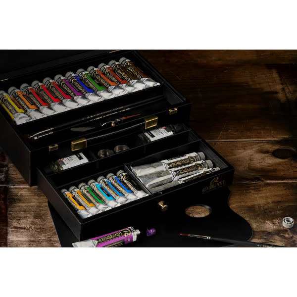 REMBRANDT Couleurs à l’huile set coffret bois Luxury 7 x 15 ml + 12 x 40 ml + 3 x 60 ml + accessoires