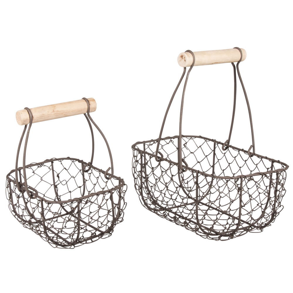 RAYHER Panier Déco En Métal Avec Poignée Bois, Brun Mocca, 15X10X16,5Cm + 20X12X22Cm, Kit 2Pces