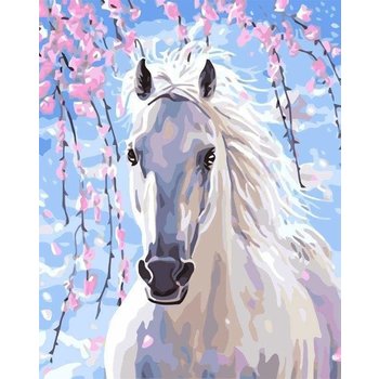 FIGURED'ART Peinture par numéros design "Cheval et fleurs blanches" 40x50cm toile tendue sur châssis