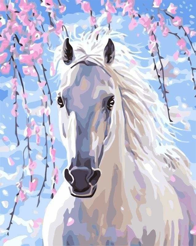 FIGURED'ART Peinture par numéros Cheval et fleurs blanches taille 40x50cm toile tendue sur chassis