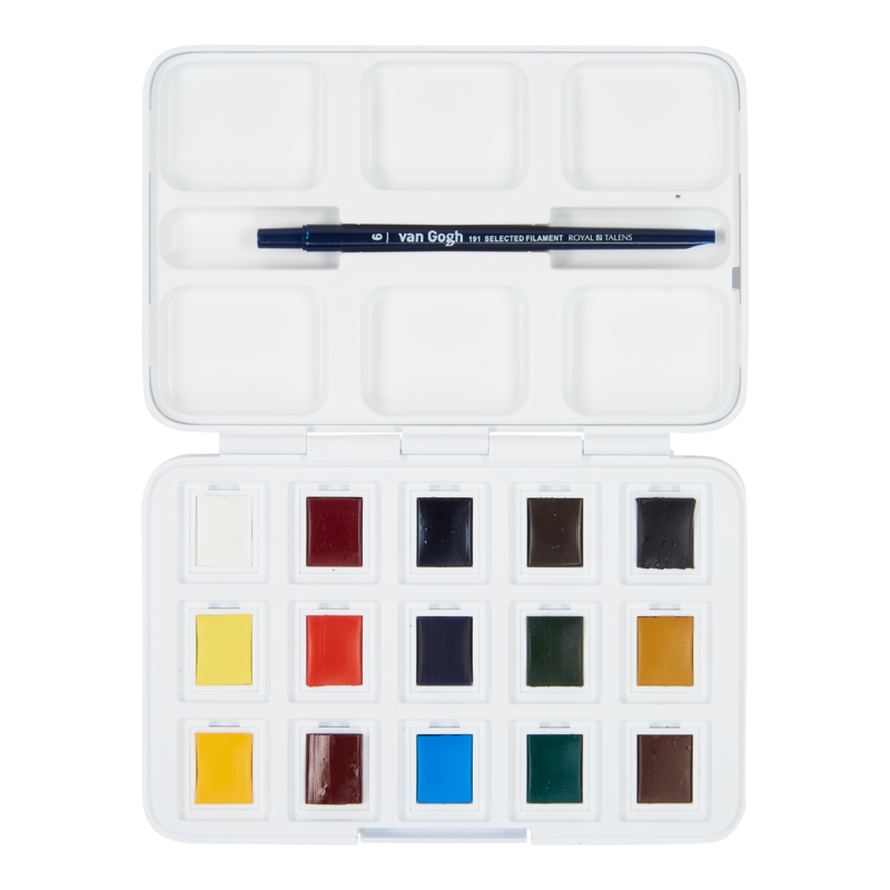 VAN GOGH Set de base de peinture à l'eau 12 couleurs en godets + 3 couleurs offertes, pocket box en plastique