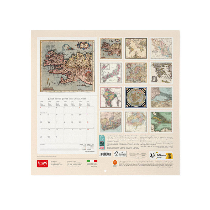 LEGAMI Calendriers Muraux - 2024- Vintage Maps-30X29 - Maps