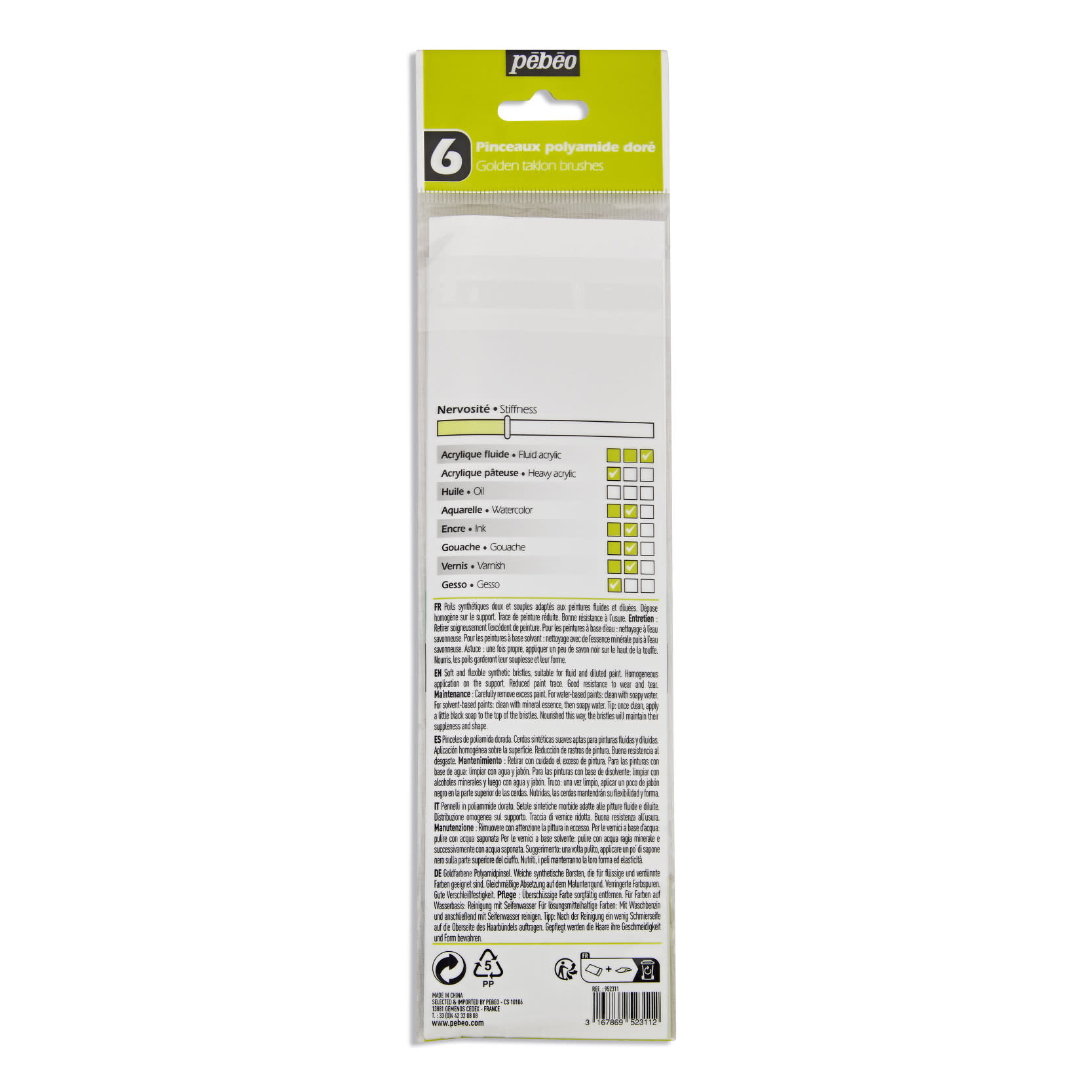 PEBEO Pochette 6 Pinceaux Manche Court Rond - Poly D - 100% Wood Fsc