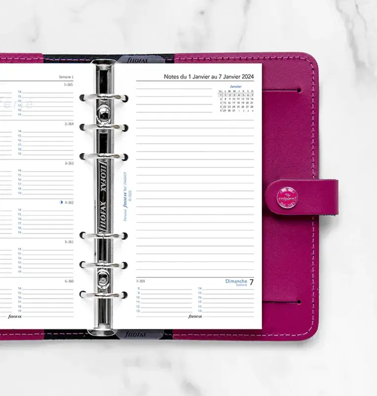 FILOFAX Recharge Personal 2024 semaine sur 1 page avec heures + page de notes