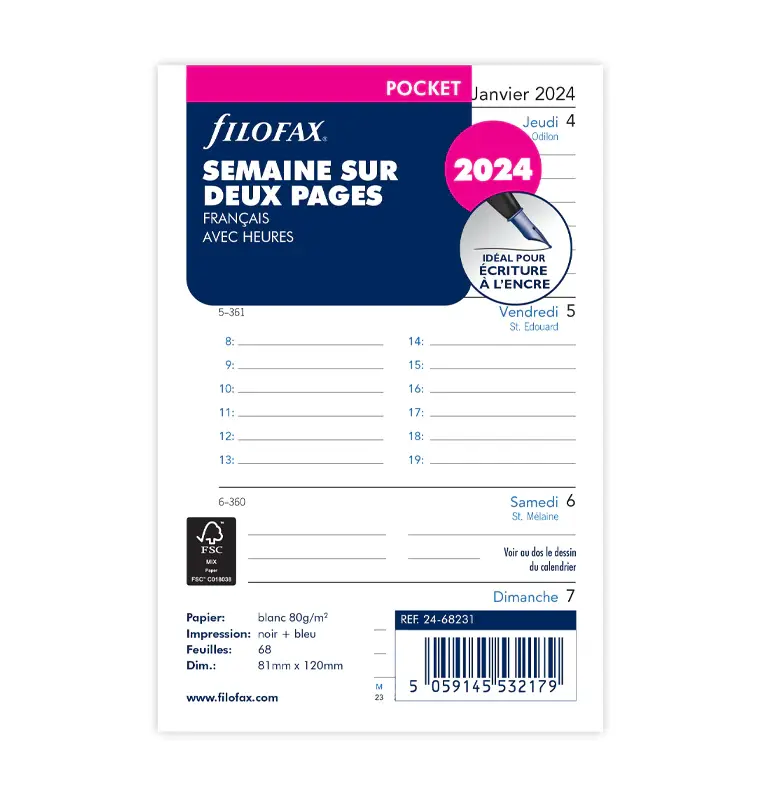 Recharge Semaine sur deux pages avec heures - français - Pocket - 2024 -  Papeterie Michel