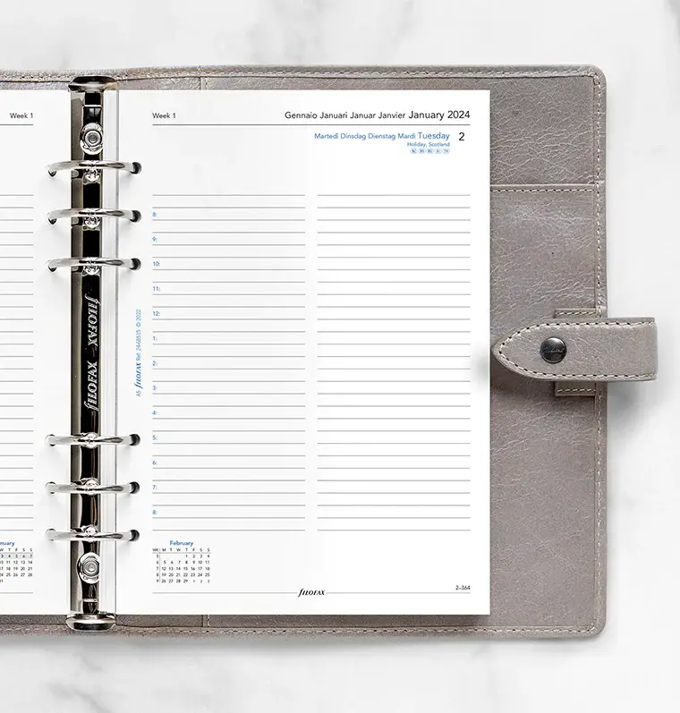 FILOFAX Recharge A5 2026 1 jour par Page Avec Heures Multilangue
