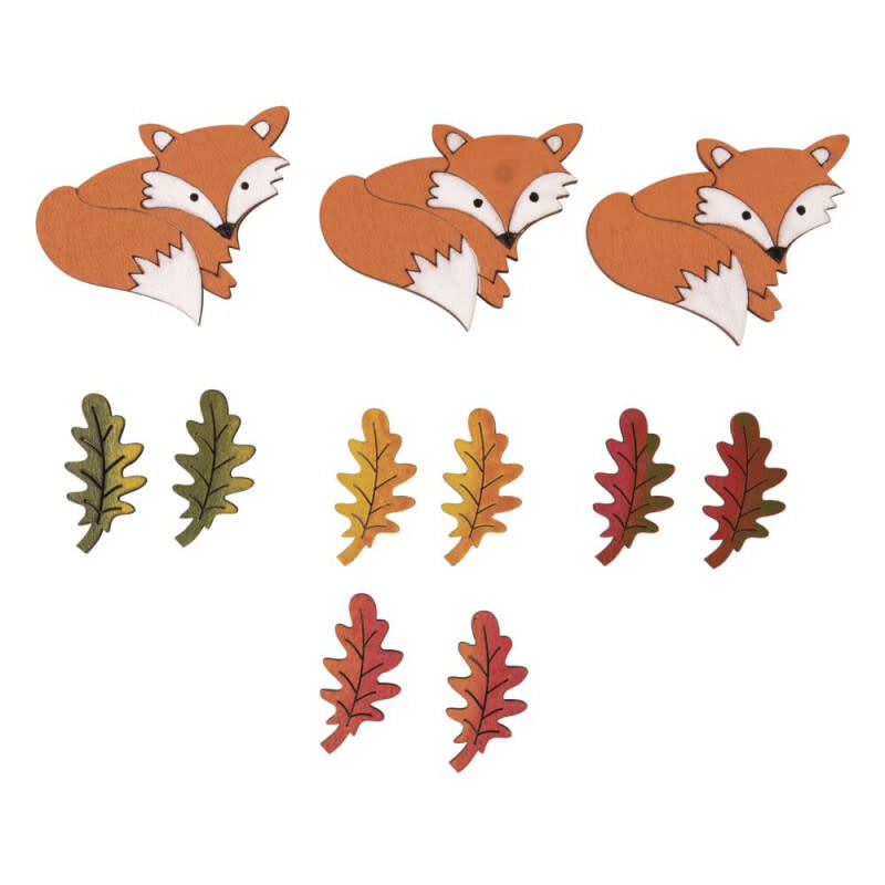 RAYHER Miniatures en bois Renard + Feuille, Colore, 3,4-4,5cm, assorties, sct.-LS 11pces