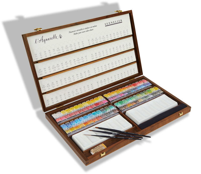 SENNELIER Coffret noyer Aquarelle extra-fine 96 demi-godets, 3 pinceaux, + accessoires