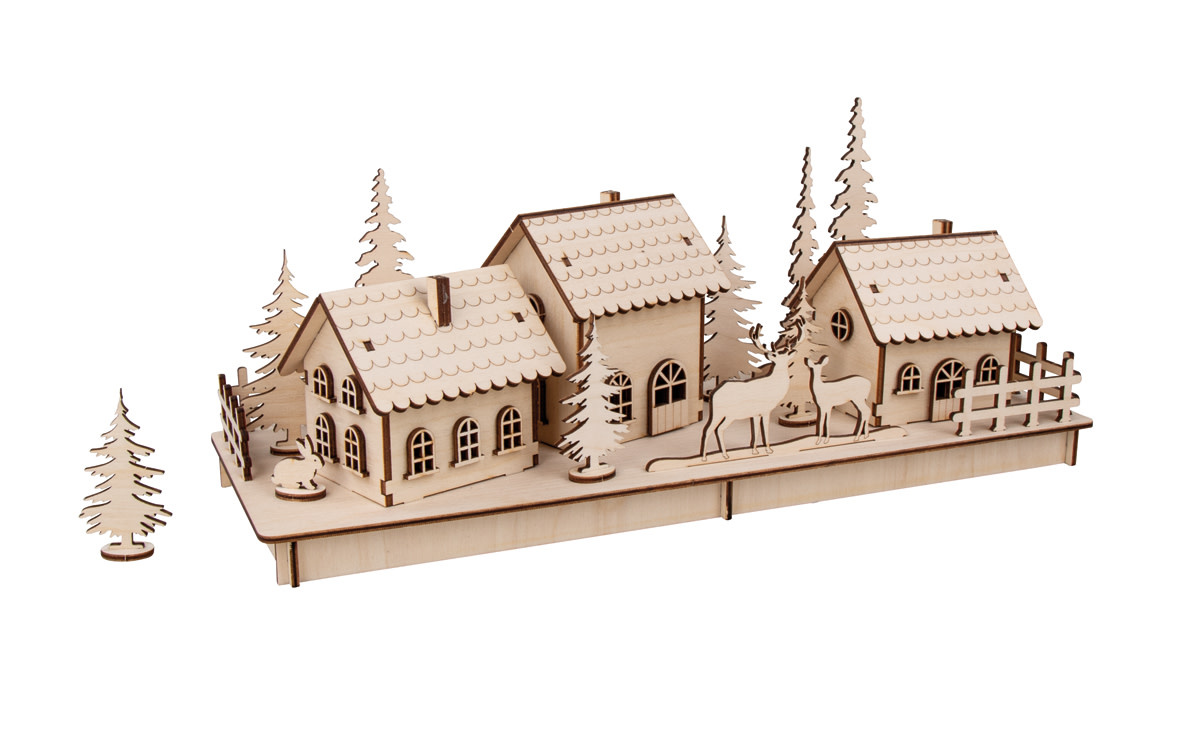 RAYHER Kit bois 3D,Village alpin,FSC Mix Credit, nature, 40x14,5x17cm, en 84pces, boîte 1kit