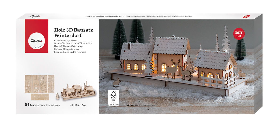 RAYHER Kit bois 3D,Village alpin,FSC Mix Credit, nature, 40x14,5x17cm, en 84pces, boîte 1kit