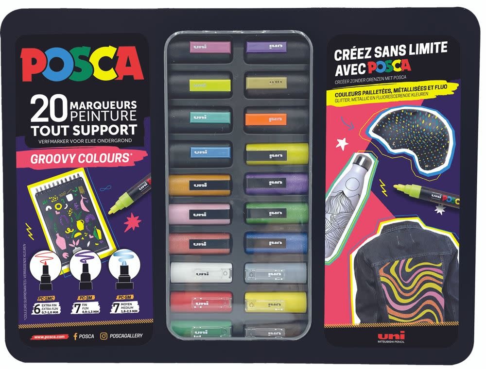 UNI-BALL Mallette Métal Noire 20 marqueurs Posca Pointes assorties Couleurs assorties Groovy Colours
