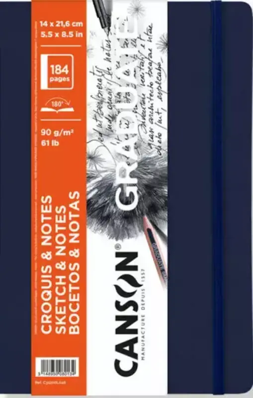 CANSON Book Cousu Graduate Sketch & Notes 192Fl 14x21,6cm 90G Couv Souple Bleu Foncé