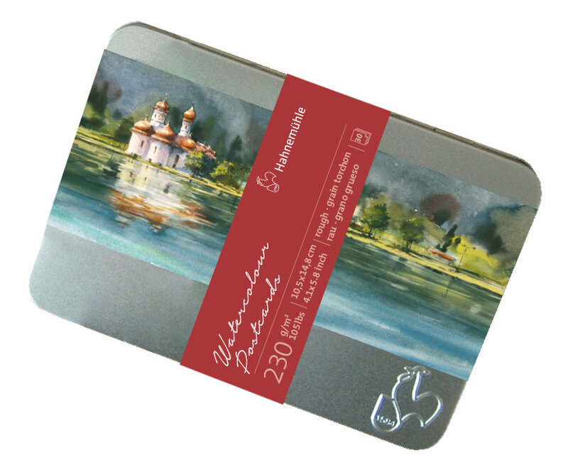 HAHNEMUHLE CARTES POSTAL AQUA + BOÎTE METAL  10,5x14,8cm 30CARTES GRAIN TORCHON