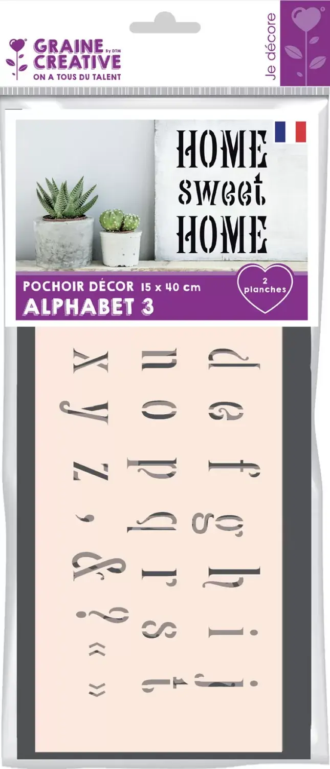 GRAINE CREATIVE Pochoir Decor 15*40 Alphabet N°3 (Contient 2 Planches Alphabet Maj+Min)
