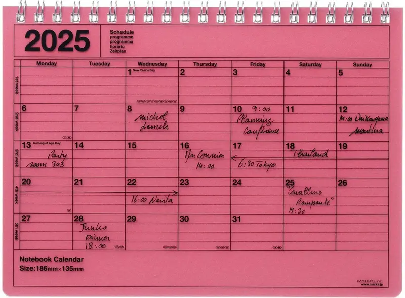 MARK'S EUROPE Calendrier 12 mois 2025 Notebook S  Red