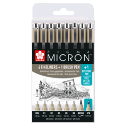 SAKURA Pigma Micron Boite Set de 6 fineliners + 1 Pigma Pinceau + 1 stylo PN offert