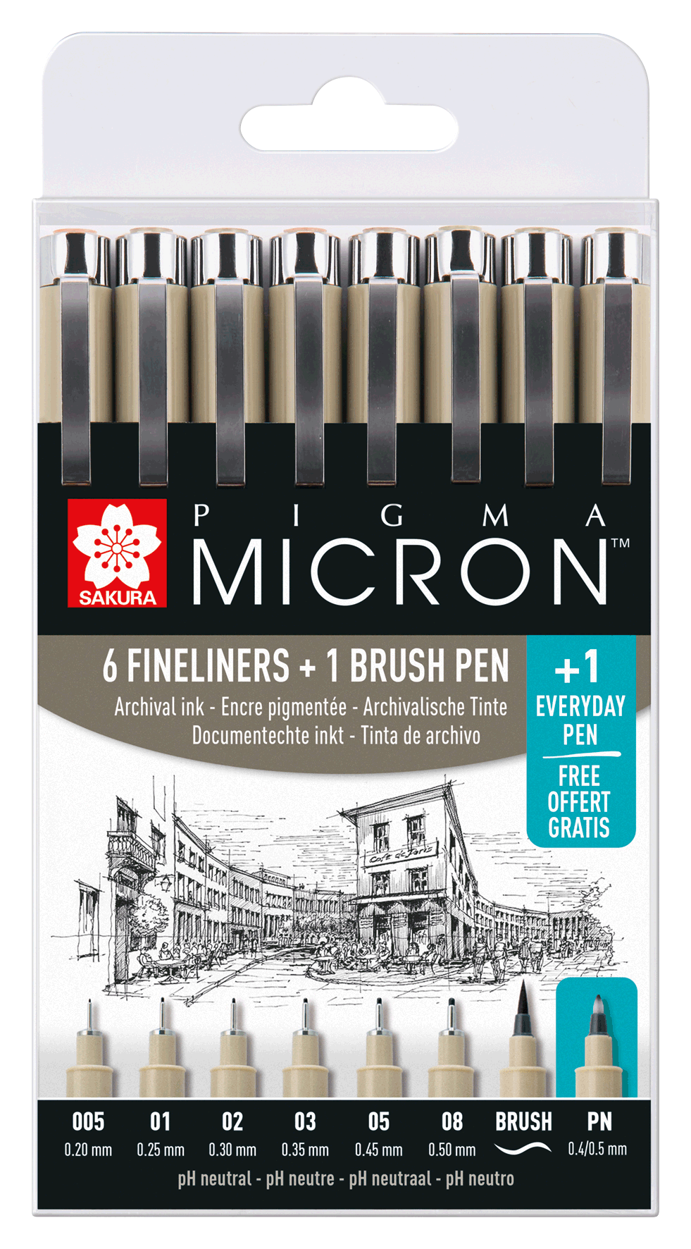 SAKURA Pigma Micron Boite Set de 6 fineliners + 1 Pigma Pinceau + 1 stylo PN offert