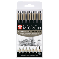 SAKURA Pigma Micron Etui Set de 6 fineliners + 1 Pigma Pinceau