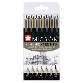 SAKURA Pigma Micron Etui Set de 6 fineliners + 1 Pigma Pinceau