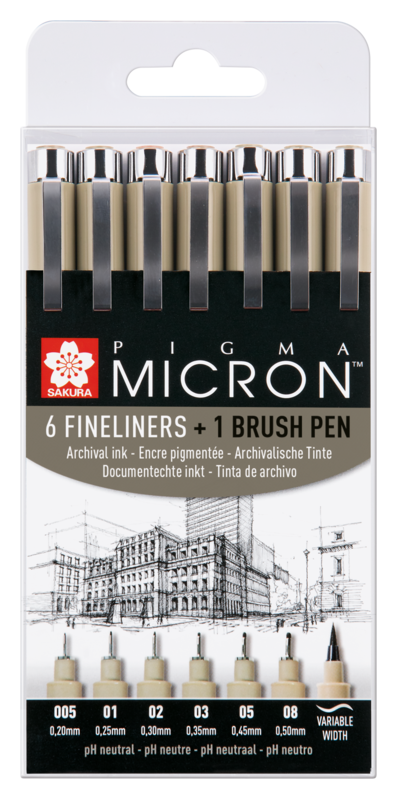 SAKURA Pigma Micron Etui Set de 6 fineliners + 1 Pigma Pinceau