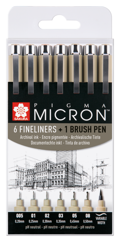 SAKURA Pigma Micron Set de 6 fineliners + 1 Pigma Pinceau