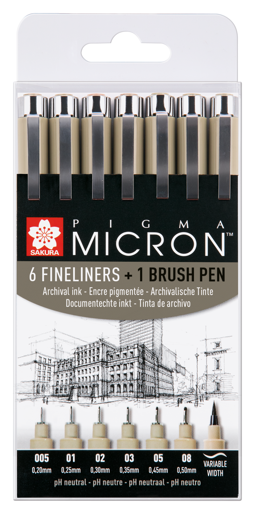 SAKURA Pigma Micron Etui Set de 6 fineliners + 1 Pigma Pinceau
