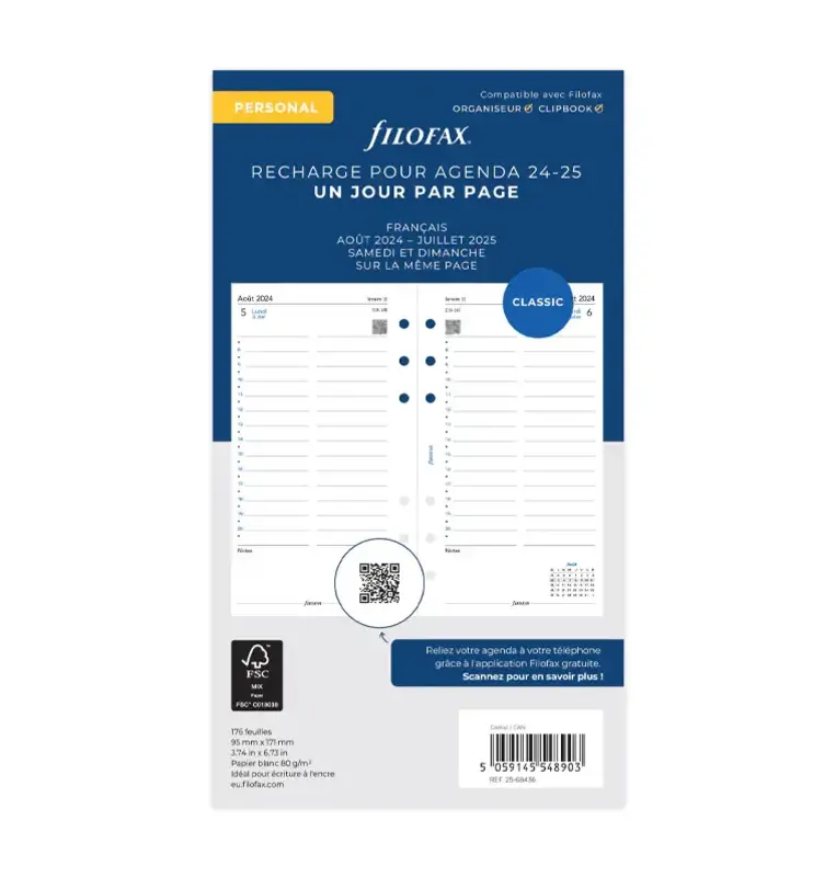 FILOFAX Recharge Personal 2023/2024 1 jour/page avec heures 17,1x9,5cm