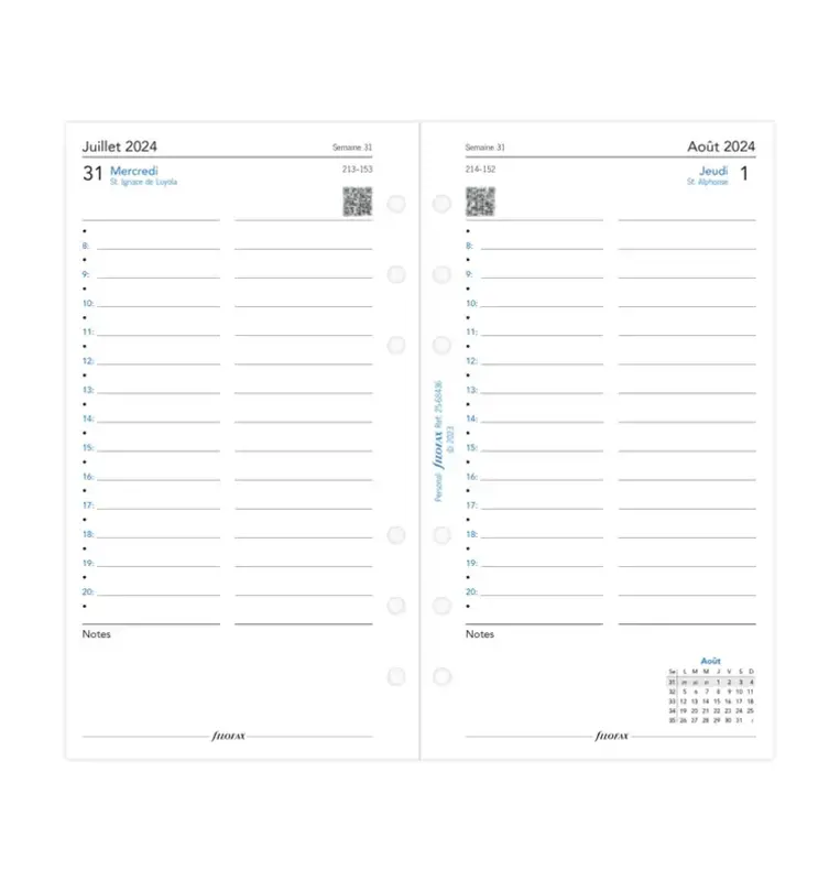 FILOFAX Recharge Personal 2023/2024 1 jour/page avec heures 17,1x9,5cm