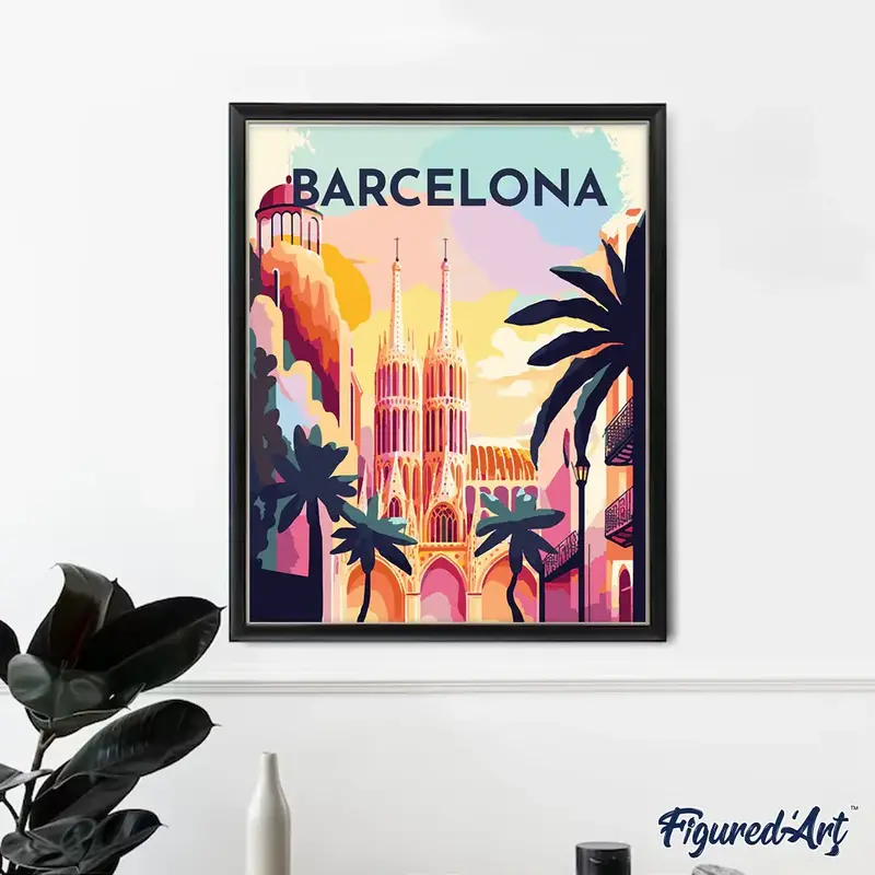 FIGURED'ART Peinture par numéros FA10156-Y design Affiche Vintage Barcelone taille 40x50cm toile tendue sur châssis