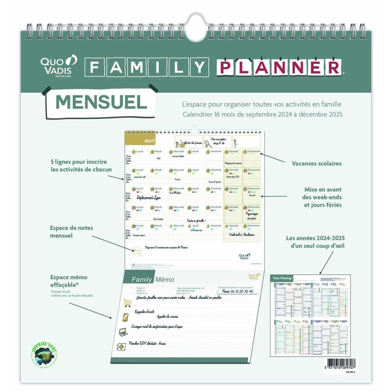 QUO VADIS Calendrier Family Planner Mensuel Fr Fam P5