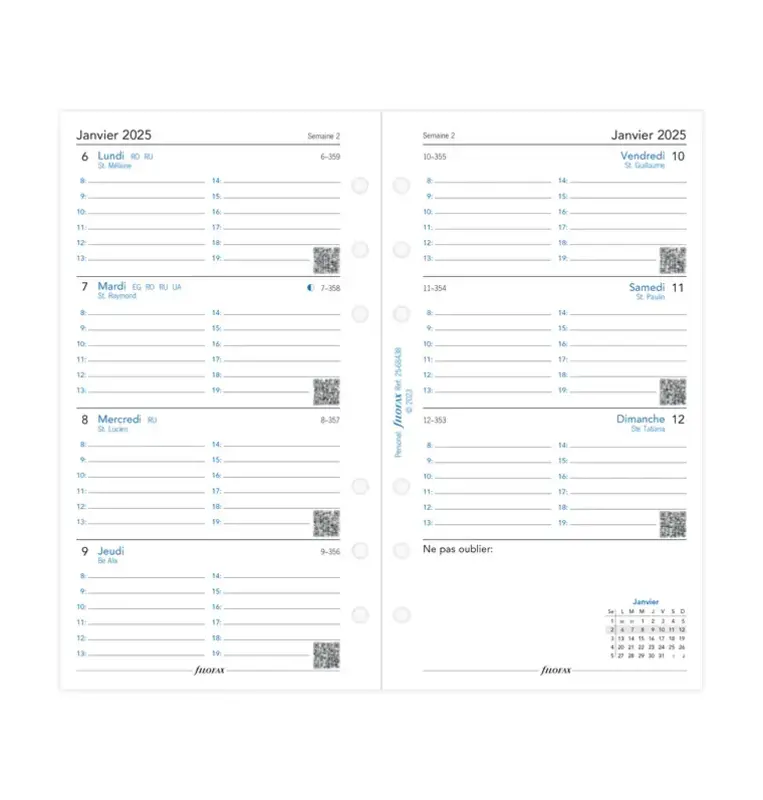 FILOFAX Recharge Personal 2026  Semainier Horizontal avec heures Français