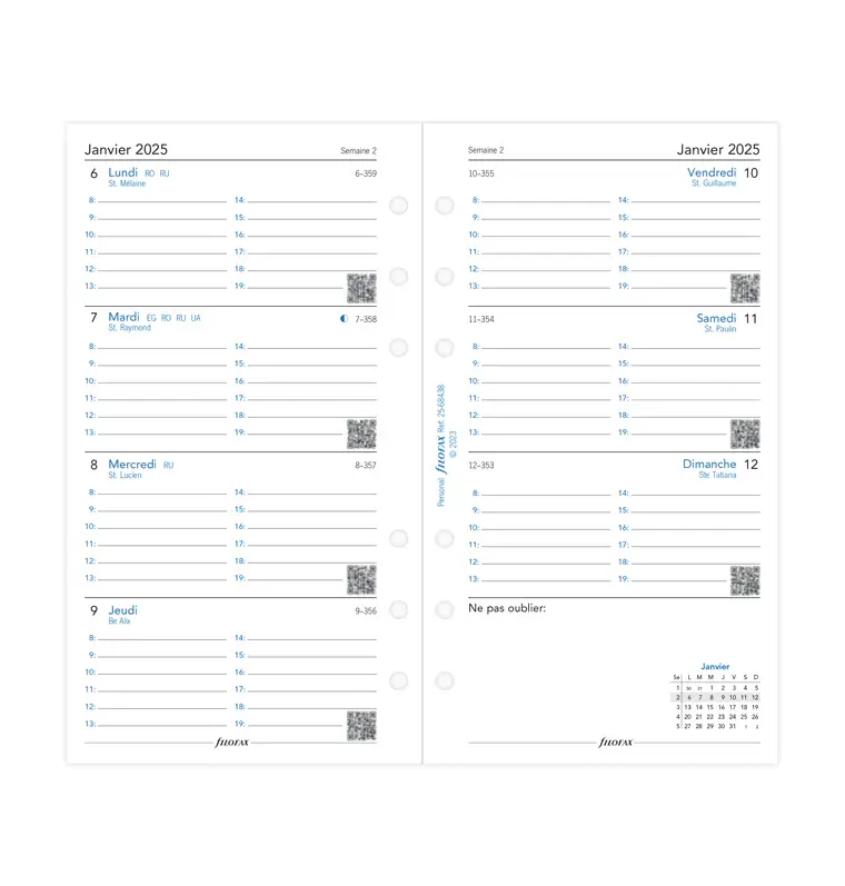 FILOFAX Recharge Personal 2026 Semainier Horizontal avec heures Français