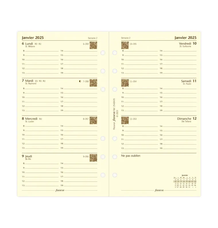 FILOFAX Recharge Personal 2026  Semainier sur 2 Pages Horizontal Heures Crème Français