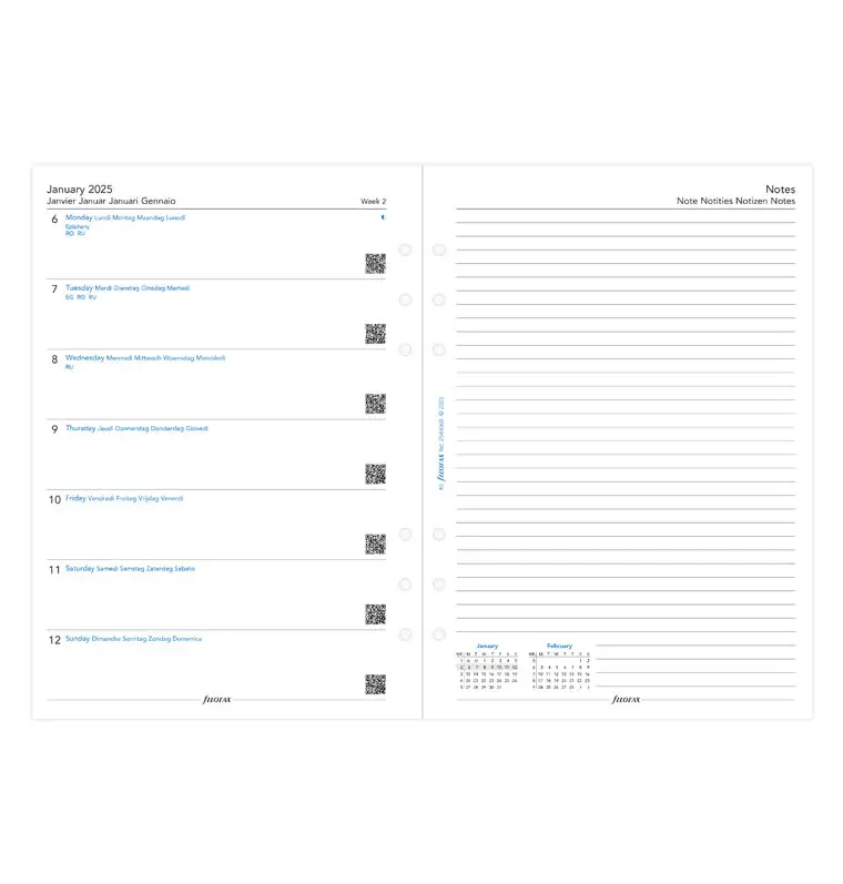FILOFAX Recharge A5 2026 Semaine sur 1 page + page de notes Multilangue