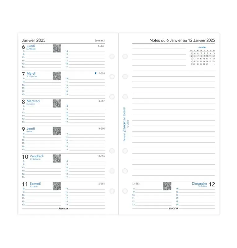 FILOFAX Recharge Personal 2024 semaine sur 1 page avec heures + page de notes