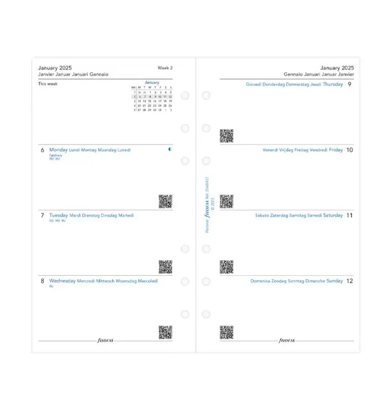 FILOFAX Recharge Personal 2026 semainier horizontal sur 2 pages Multilangue