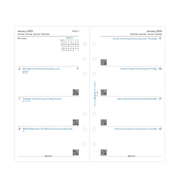 FILOFAX Recharge Personal 2026 semainier horizontal sur 2 pages Multilangue