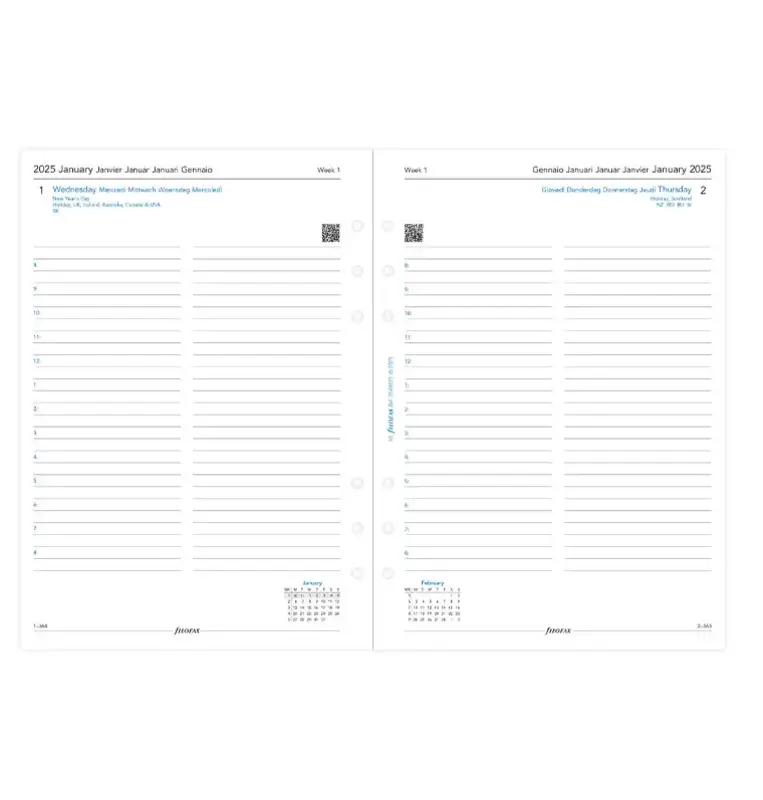 FILOFAX Recharge A5 2026 1 jour par Page Avec Heures Multilangue